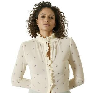 Small La Vie Rebecca Taylor Anthropologie Rosebud Embroidered Ruffled Button Top